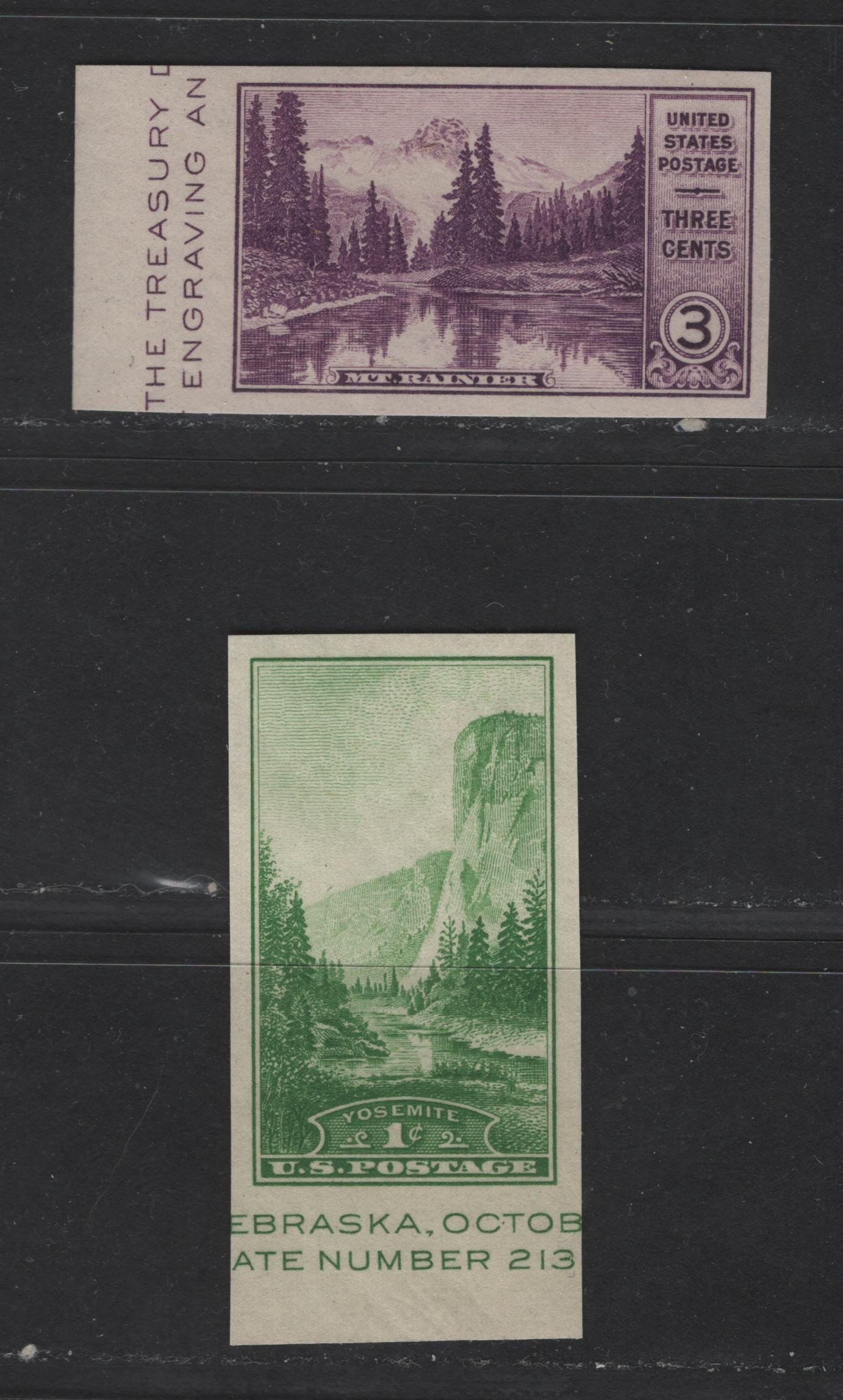 United States Of America #750a, 751a 1c, 3c Green & Purple Yosemite & Mt. Ranier, 1934 American Philatelic Society & Trans-Mississippi Issues, 2 VFNH Corner Margin Singles From The Souvenir Sheets Of 6