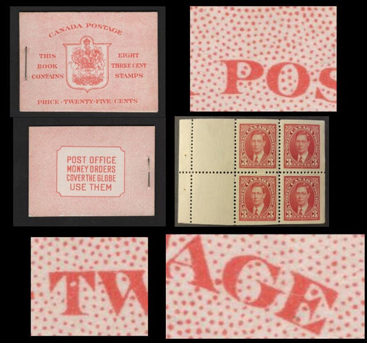 Lot 358 Canada SC#BK30c 3c Carmine, 1938-1942 Mufti Issue, A Fine NH Complete Booklet Containing 2 Panes of 4, Paper/Gum Type CBN-N, Harris Front Cover Type IIe, 6c Airmail Rate Page, Broken "G" In Postage & Hole in T of Three, Likely Constant