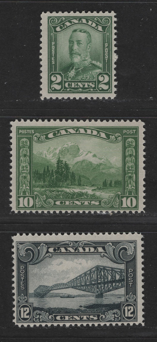 Lot 48 Canada #150, 155-156 2c, 10c, 12c Green, Deep Yellow Green & Greenish Slate King George V, Mt. Hurd & Quebec Bridge, 1928-1929 Scroll Issue, 3 Fine NH Singles