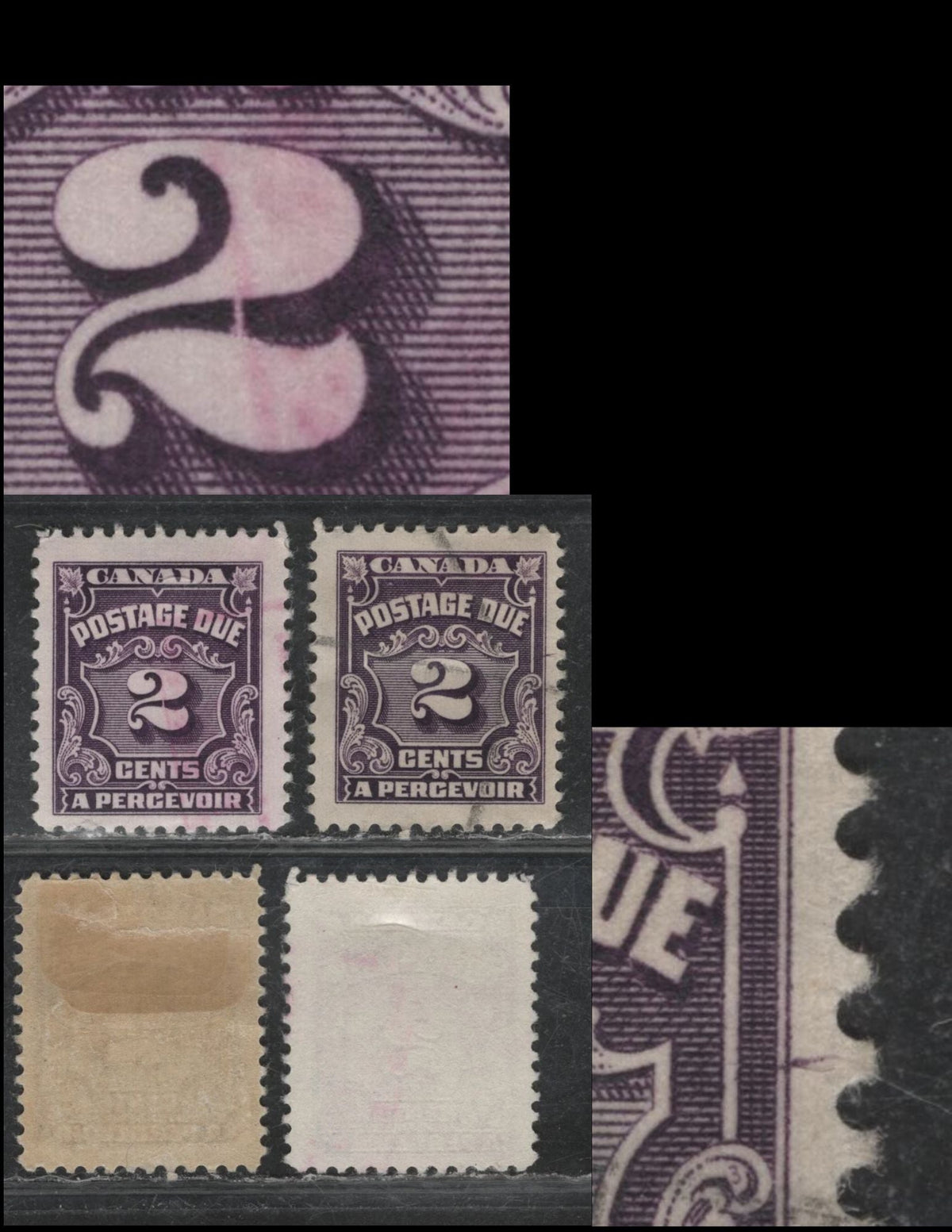 Lot 359 Canada #J16var 2c Violet - Deep Rose Lilac , 1935-1965 4th Postage Due Issue, 2 Fine Used Singles, Unlisted Plate Flaws, Both On DF Paper, Unchecked As To Perf