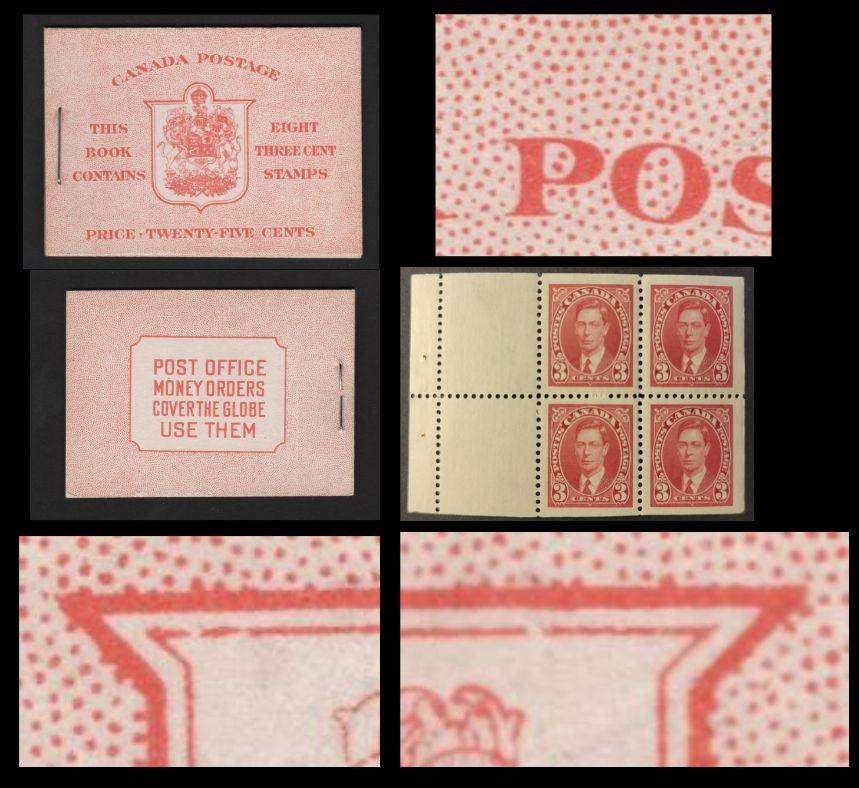 Canada SC#BK30c 3c Carmine King George VI, 1938-1942 Mufti Issue, A VFNH Complete Booklet Containing 2 Panes of 4, Paper/Gum Type CBN-N, Harris Front Cover Type IIe, 6c Airmail Rate Page, Two Breaks In Inner Frameline Of Shield At Top (Constant)