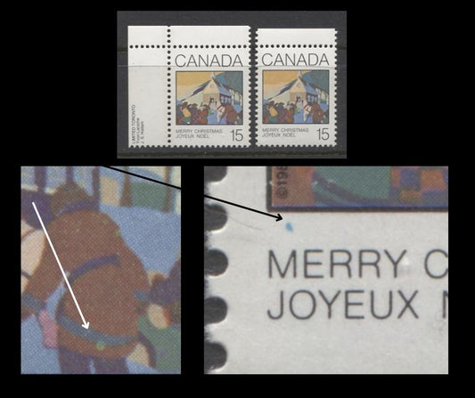 Lot 359 Canada #870var 15c Multicoloured Christmas Morning, 1980 Christmas Issue, A VFNH Horizontal Pair, Pink Spot On Mountain (Pos. 42), NF/DF2 Paper, Possibly Constant OrTertiary