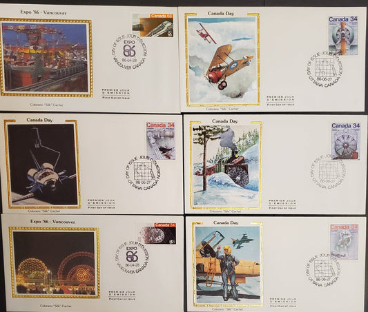 Canada #1092-1093, 1099-1102 34c & 68c Multicoloured Various Subjects, 1986 Expo'86 - Canada Day Issues, 6 VF Colorano Silk FDC's