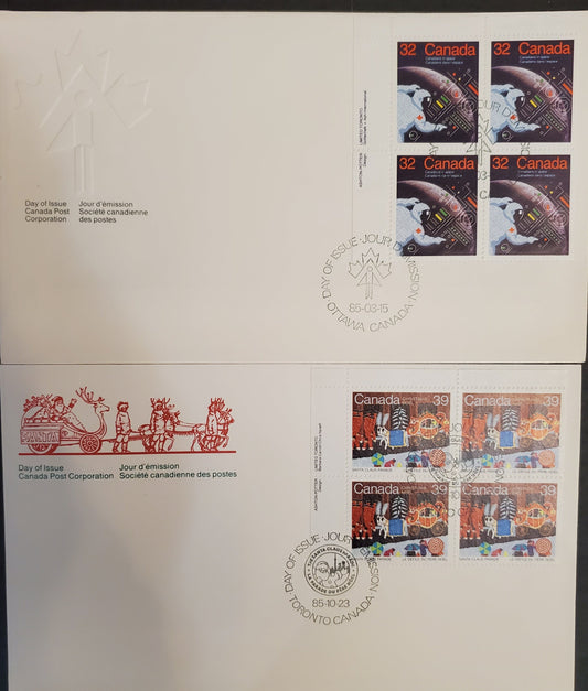 Canada #1046, 1068 8c Multicoloured Astronaut & Control Panel, Santa Claus Parade, 1972 Canadians In Space & Christmas Issues, 2 VF Canada Post Official FDC's Franked With UL Inscription Blocks, DF Cream Envelopes, LF Harrison Paper