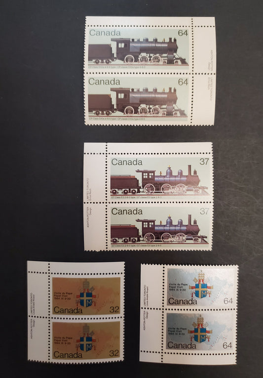 Canada  1030-1031, 1038-1039 32c, 37c, 64c Multicoloured Papal Coat of Arms & Map & Locomotives, 1984 Papal Visit & Canadian Locomotives Issues, 4 VFNH Inscription Pairs DF/DF1, LF/DF1 & DF2/DF Harrison Papers