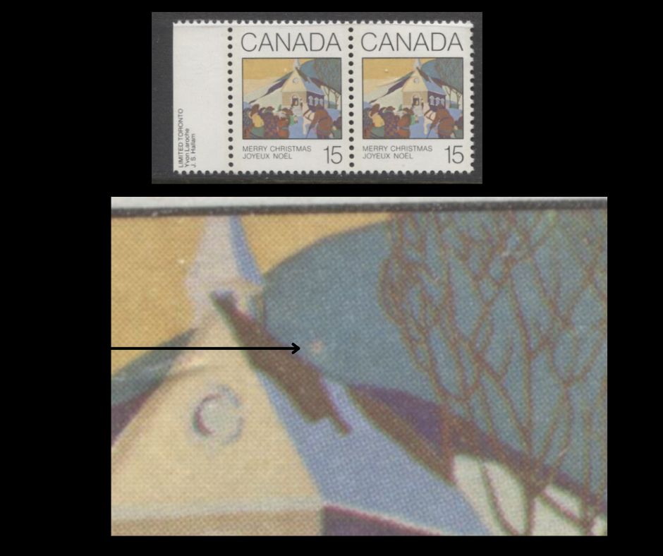 Lot 359 Canada #870var 15c Multicoloured Christmas Morning, 1980 Christmas Issue, A VFNH Horizontal Pair, Pink Spot On Mountain (Pos. 42), NF/DF2 Paper, Possibly Constant OrTertiary