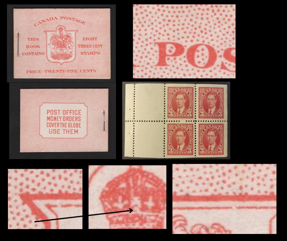 Lot 360 Canada SC#BK30c 3c Carmine, 1938-1942 Mufti Issue, A VFNH Complete Booklet Containing 2 Panes of 4, Paper/Gum Type CBN-N, Harris Front Cover Type IIn, 6c Airmail Rate Page, Two Breaks In Inner Frameline Of Shield & Crown Flaw (Both Constant)