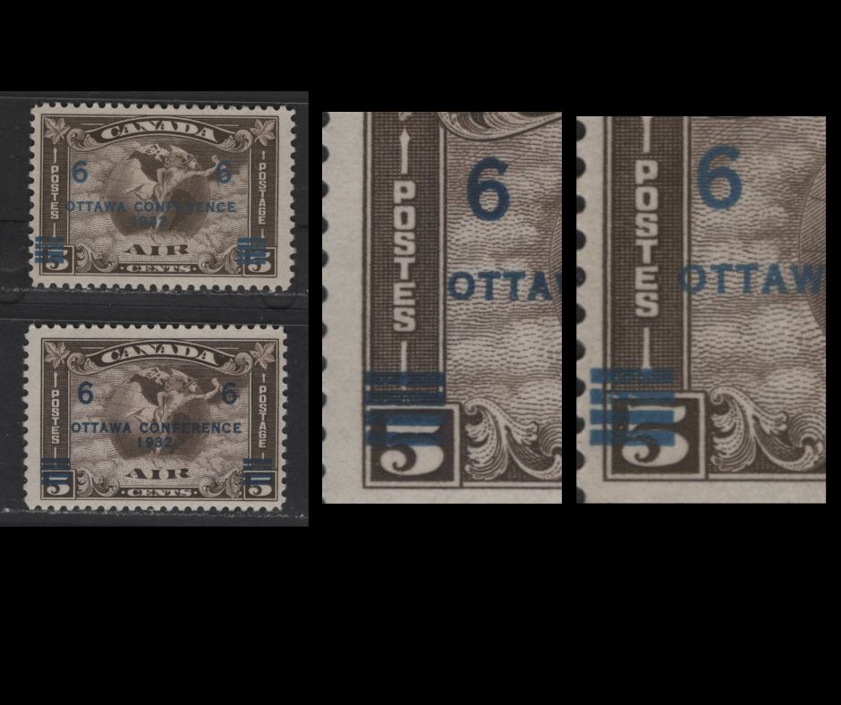 Lot 360 Canada #C4 & C4var 6c on 5c Olive Brown & Dark Olive Brown Mercury & Globe, 1932 Ottawa Conference Airmail Issue, 2 Fine OG  Singles Blue & Dark Blue Overprint, Both Shifted Upward