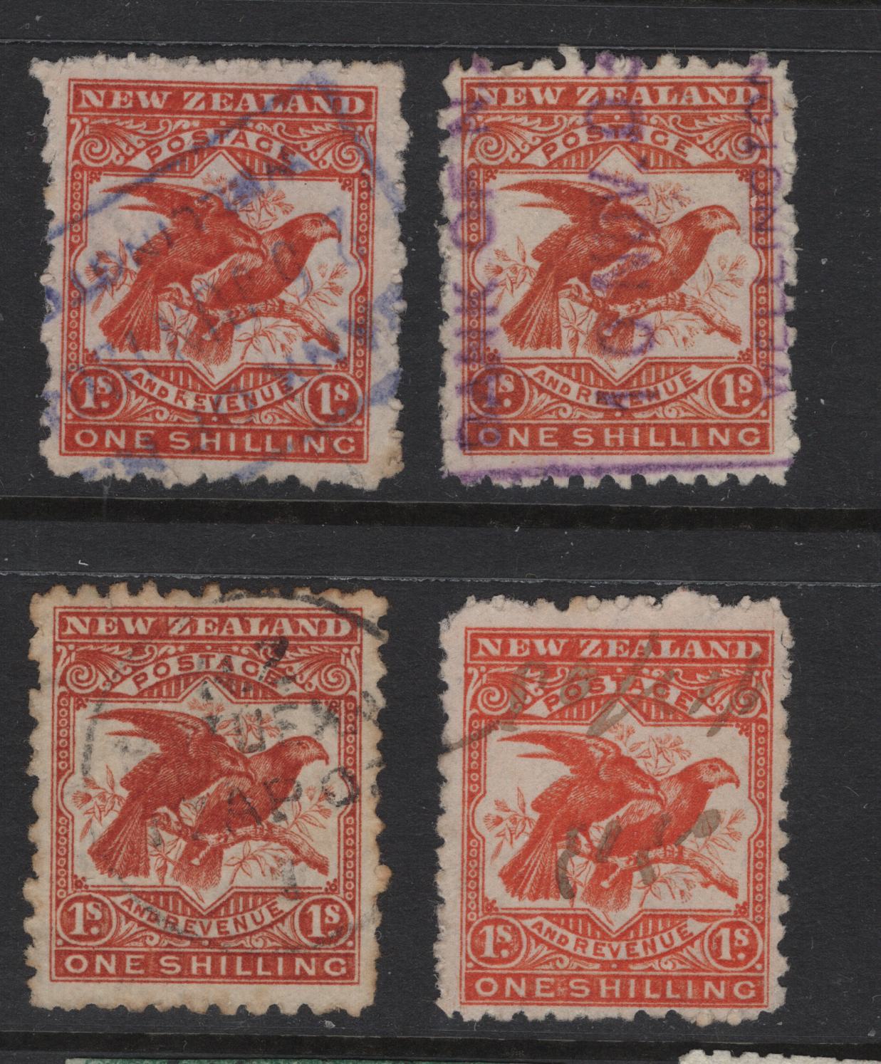 Lot 361 New Zealand (C) SG#315-b 1/- Brown Red & Deep Brown Red, Bright Red & Orange Red Kea & Kaka, 1902-1907 Pictorial Issue, 4 Very Fine Used Singles, Perf 11, Star & NZ Wmk