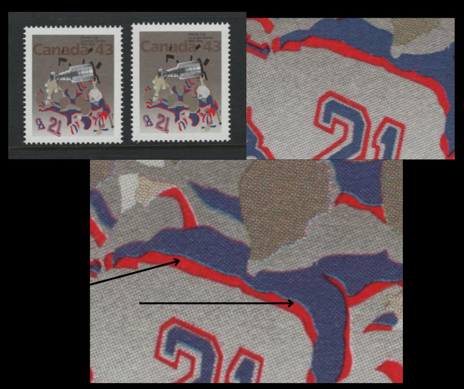 Canada #1460&var 43c Multicoloured Hockey Players & Stanley Cup , 1993 Stanley Cup Issue, 2 VFNH Singles Showing Light Blue Outlined Uniforms With Normal, Pinkish Silver Background, Deep Grey Brown Canada Inscription, NF/DF1-fl Coated Papers Paper