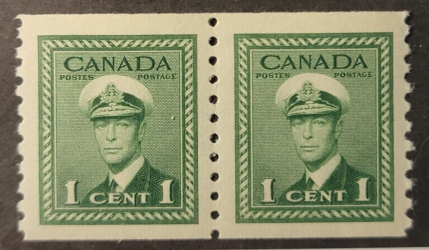 Lot 361 Canada (C) #278 1c Green, 1948 KGVI War Issue Coils, A VFNH Coil Pair, CBN-TTTTTT Paper, Perf 9.5 Vertical