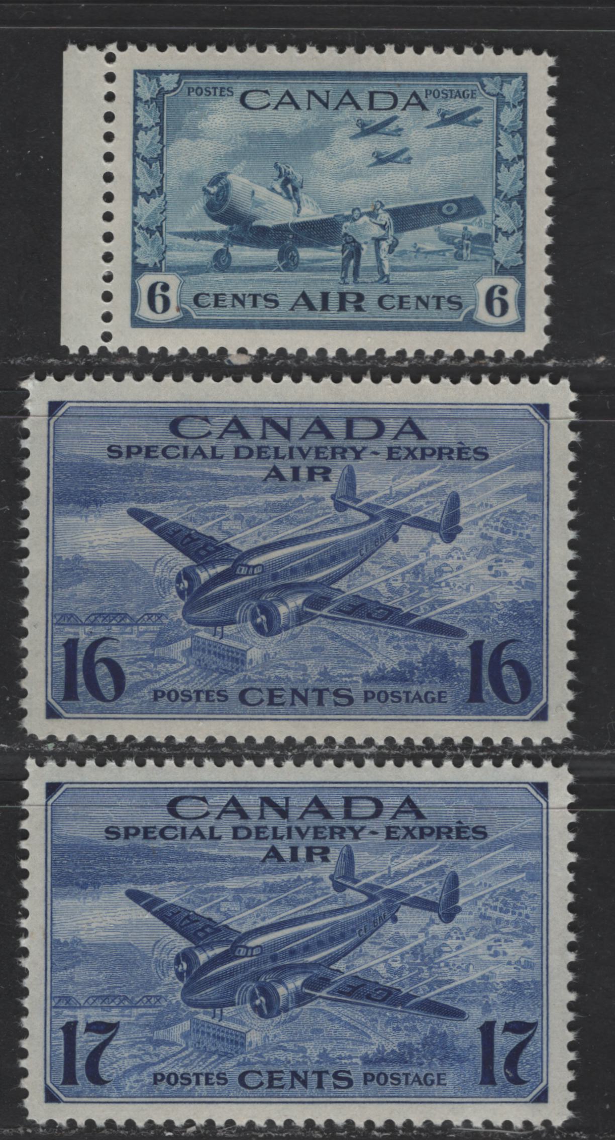 Lot 362 Canada #C7, CE1-CE2 6c-17c Blue & Ultramarine Airfield - Trans-Canada Airplane, 1942-1946 War Issue Airmail & Airmail Special Delivery Issue, 3 VFNH Singles On Crisp Vertical Wove Paper With Semi-Gloss Cream & Yellowish Gum