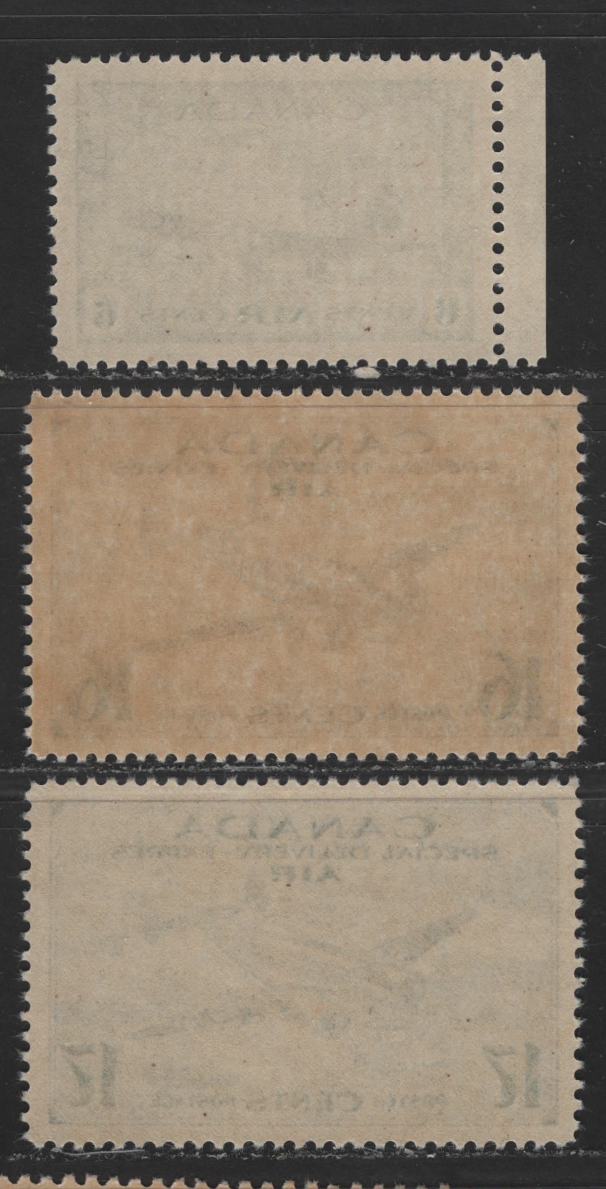 Lot 114 Canada #C7, CE1-CE2 6c-17c Blue & Ultramarine Airfield - Trans-Canada Airplane, 1942-1946 War Issue Airmail & Airmail Special Delivery Issue, 3 VFNH Singles On Crisp Vertical Wove Paper With Semi-Gloss Cream & Yellowish Gum