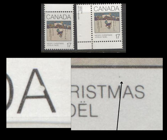 Lot 362 Canada #871var 17c Multicoloured Sleigh Ride, 1980 Christmas Issue, 2 VFNH Singles, Black Dot Above "M" of "Christmas" & Damaged "A" Of "Canada" (Pos. 46), NF/NF and NF/NF-fl Papers, Possibly Tertiary