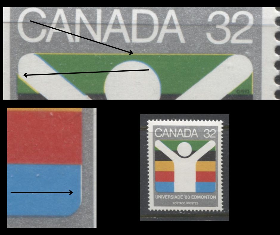 Canada #981var 32c Multicoloured Universiade Edmonton Symbol, 1983 World University Games Issue, A VFNH Single, Misregistration of Green & Blue, Revealing Yellow and White Underneath, DF1/DF1 Yellowish Paper