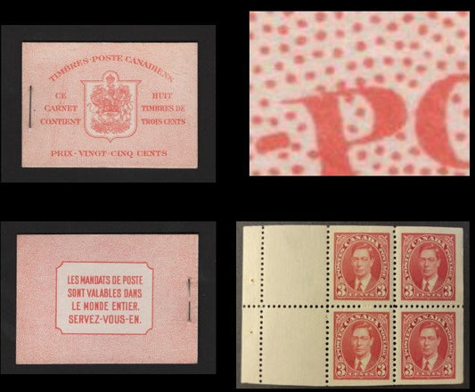 Lot 362 Canada SC#BK30c 3c Carmine King George VI, 1938-1942 Mufti Issue, A VFNH Complete Booklet Containing 2 Panes of 4, Paper/Gum Type CBN-N, French Covers, Harris Front Cover Type IIo, 6c Airmail Rate Page