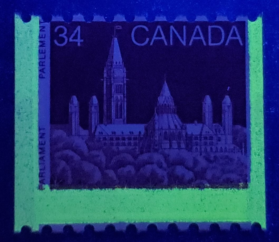 Canada #952var 34c Dull Red Brown Parliament, 1985-1988 Coil Issue, A VFNH Single With G4B Tag Error Due To Perf Shift, DF/DF Rolland Paper