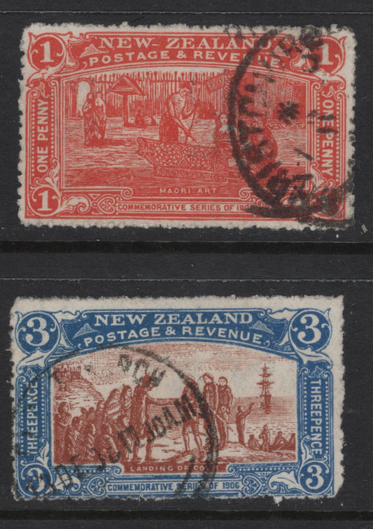 Lot 363 New Zealand (C) SG#371-372 1d - 3d Vermillion - Brown & Blue Christchurch, 1906 Christchurch Exhibition Issue, 2 Fine/Very Fine Used Singles, 3d Shows A Portion Of The Sheet Margin Wmk