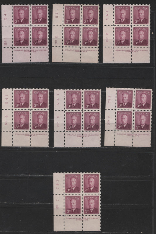 Lot 121 Canada #286 3c Rose Purple King George VI, 1949-1952 Postes-Postage Issue, 7 VFNH LL Plate Blocks Plates 1-7