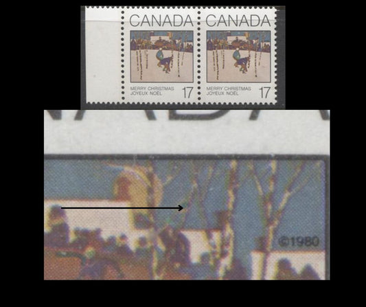 Lot 363A Canada #871var 17c Multicoloured Sleigh Ride, 1980 Christmas Issue, A VFNH Horizontal Pair, Large Green Blob Near Branch, NF/DF2 Paper, Possibly Tertiary, Position Unknown