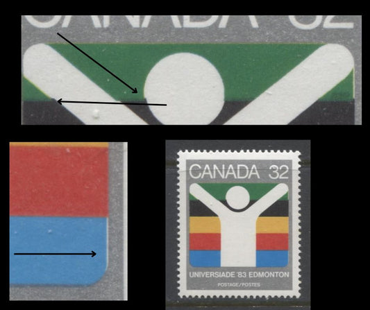 Lot 363 Canada #981var 32c Multicoloured Universiade Edmonton Symbol, 1983 World University Games Issue, A VFNH Single, Misregistration of Green & Blue, Revealing Yellow and White Underneath, DF1/LF4 Paper, Scarce As Most Are NF or DF