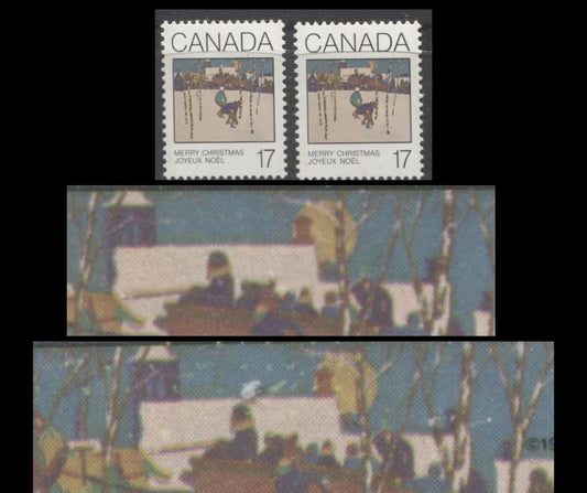 Lot 363 Canada #871var 17c Multicoloured Sleigh Ride, 1980 Christmas Issue, 2 VFNH Singles, "Falling Snow" Variety With Normal, NF/DF2 Paper, Possibly Tertiary, Position Unknown
