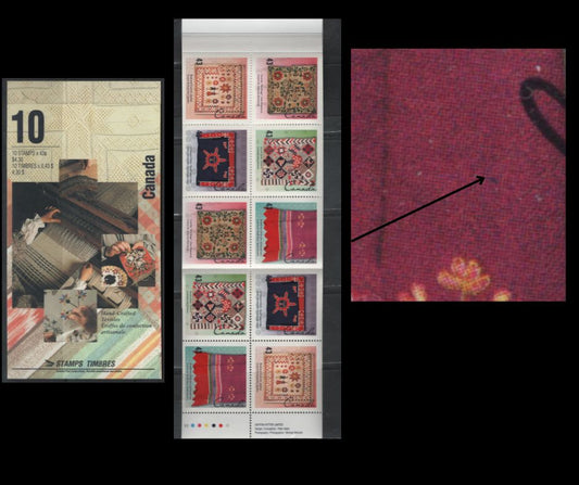 Canada #BK159bvar 43c 1993 Canadian Textiles Issue, A VFNH Complete Booklet Of 10 Open HB Cover (Philatelic Stock), DF1/DF2 Harrison Paper Pane, Spotty PVA Gum, Showing Hole In Blanket (Pos 3) Variety, Tertiary And Possibly Constant