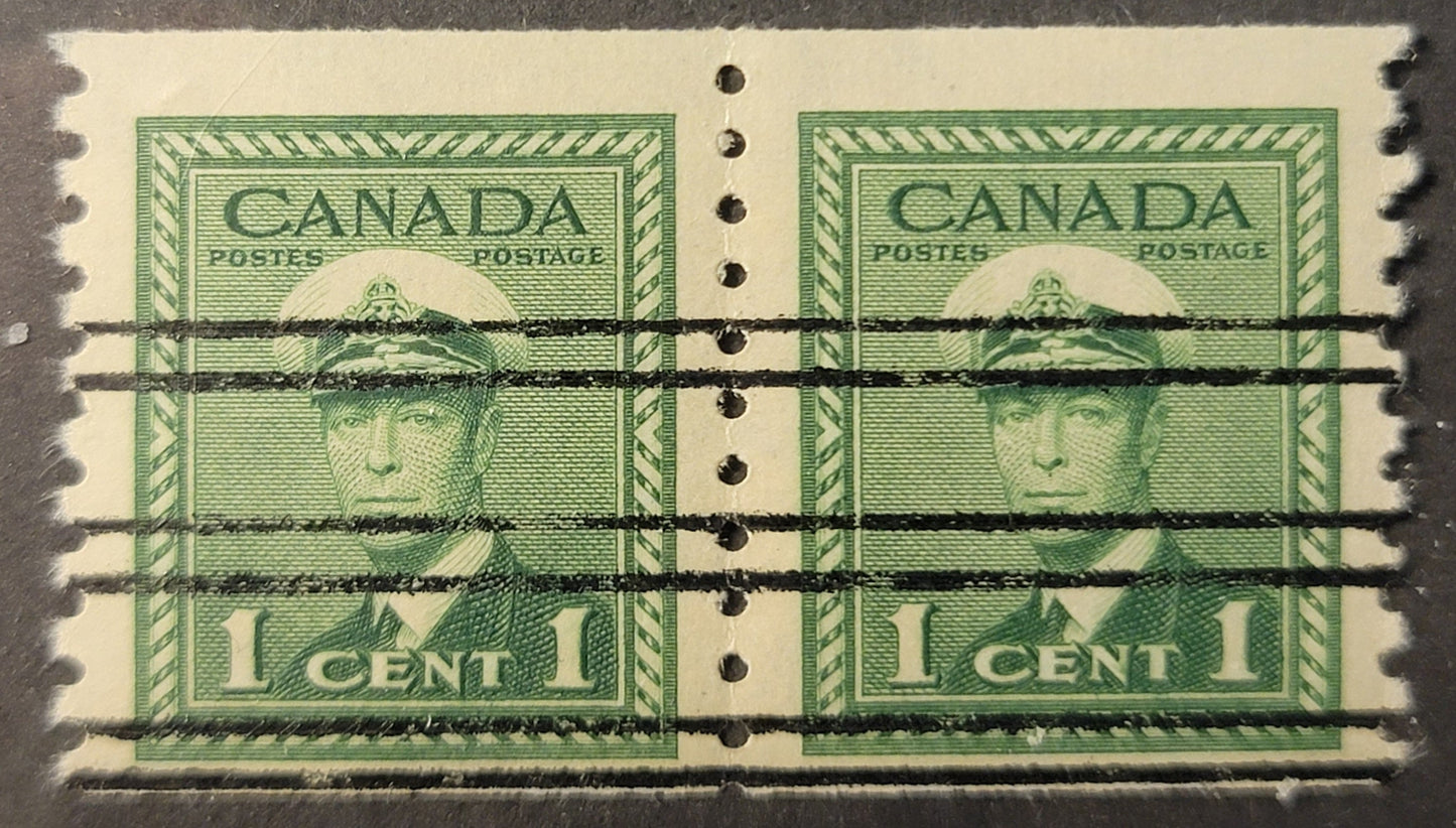 Lot 363 Canada (C) #278xx 1c Green, 1948 KGVI War Issue Coils, A VFNH Coil Pair, CBN-RRRRRR Paper, Perf 9.5 Vertical