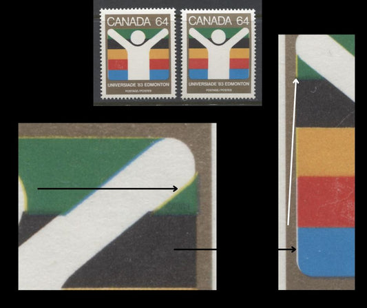 Lot 364 Canada #982var 64c Multicoloured Universiade Edmonton Symbol, 1983 World University Games Issue, 2 VFNH Singles, Misregistration of Green & Blue, Revealing Yellow and White Underneath, NF/NF Greyish & DF/DF Yellowish Papers