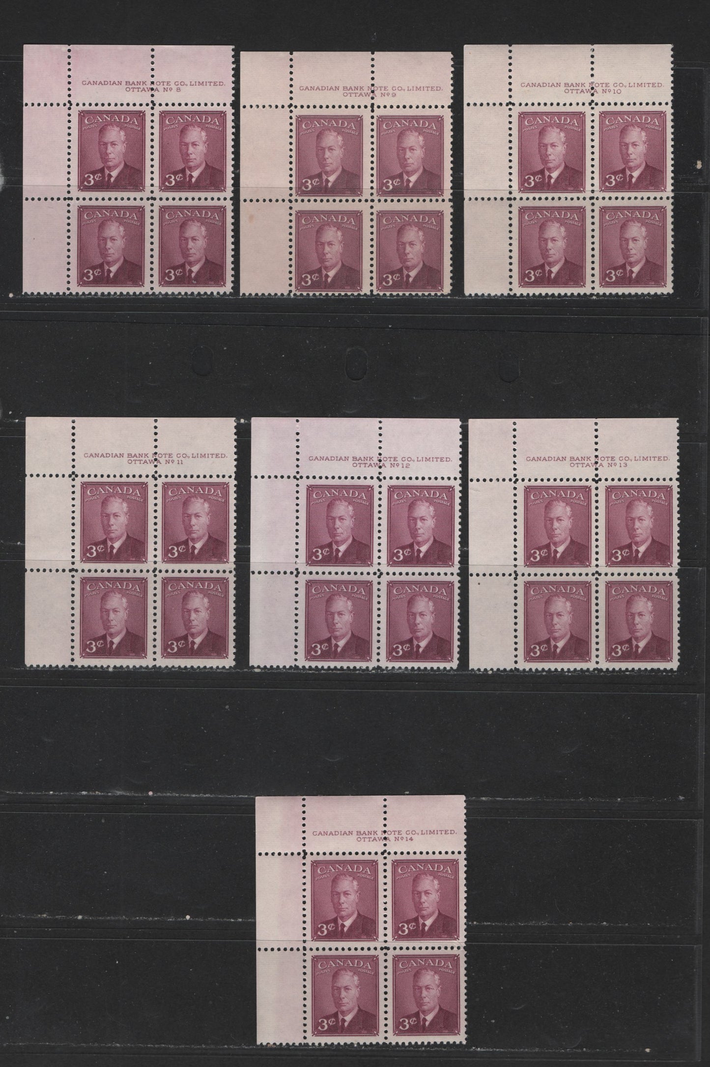 Lot 121 (C) Canada #286 3c Rose Purple King George VI, 1949-1952 Postes-Postage Issue, 7 Fine & VFNH UL Plate Blocks Plates 8-14