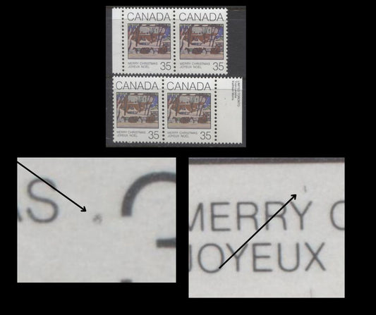 Lot 365 Canada #871var 35c Multicoloured McGill Cab, 1980 Christmas Issue, 2 VFNH Horizontal Pairs, Small Cluster of Black Dots To Left of "35" (Pos. 44) & Small Dash Above "Y" Of "Merry" (Pos. 7), NF/NF Paper, Possibly Tertiary