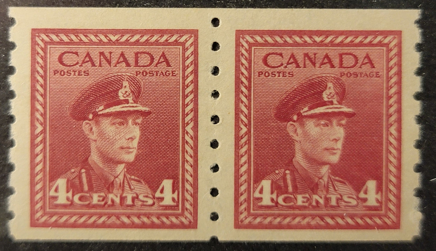 Lot 365 Canada #267 4c Light Carmine, 1942-1943 KGV War Issue Coils, A VFNH Coil Pair, CBN-MMMMMM Paper, Perf 8 Vertical