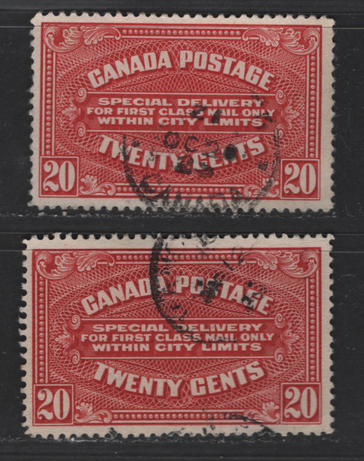 Lot 366 Canada #E2, E2a 20c Carmine Engine Turned Pattern, 1922-1927 Second Special Delivery Issue, 2 VF Used Singles Wet & Dry Printings