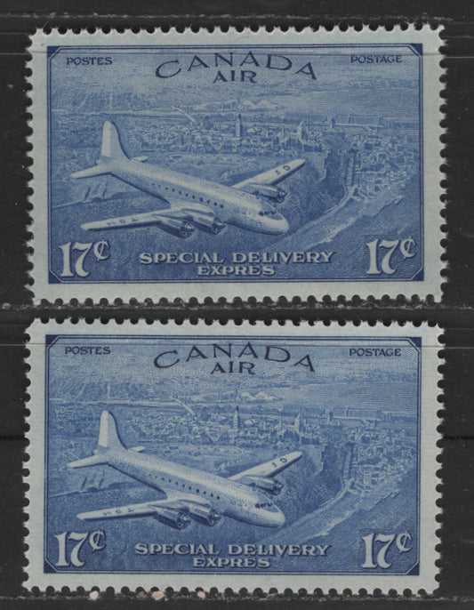 Lot 110 Canada #CE3-CE4 17c Ultramarine DC 4-M Airplane, 1946-1952 Peace Issue Airmail Special Delivery, 2 VFNH Singles With Streaky & Mottled Cream Gum On Vertical Wove Paper With Horizontal Mesh