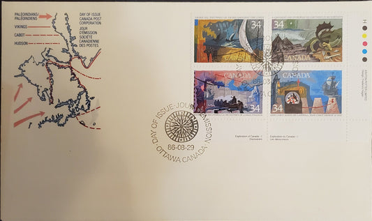 Canada #1107ai 34c 1986 Explorers Issue, A VF Official Canada Post FDC Franked With LR Inscription Block Showing the Constant Pink Print Flaw At Left of LL Stamp, DF Cream Envelope, DF2/DF2 Harrison Paper