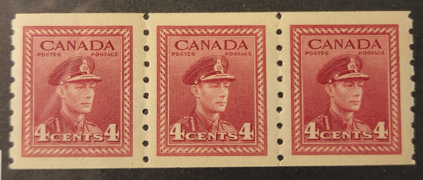 Lot 368 Canada #267var 4c Carmine, 1942-1943 KGV War Issue Coils, A VFNH Coil Strip Of 3, CBN-WW Paper, Perf 8 Vertical, Mis-Alignment Of Vertical Perforations Between Stamps 2 & 3, Showing That More Than One Perforater Strike Was Required.
