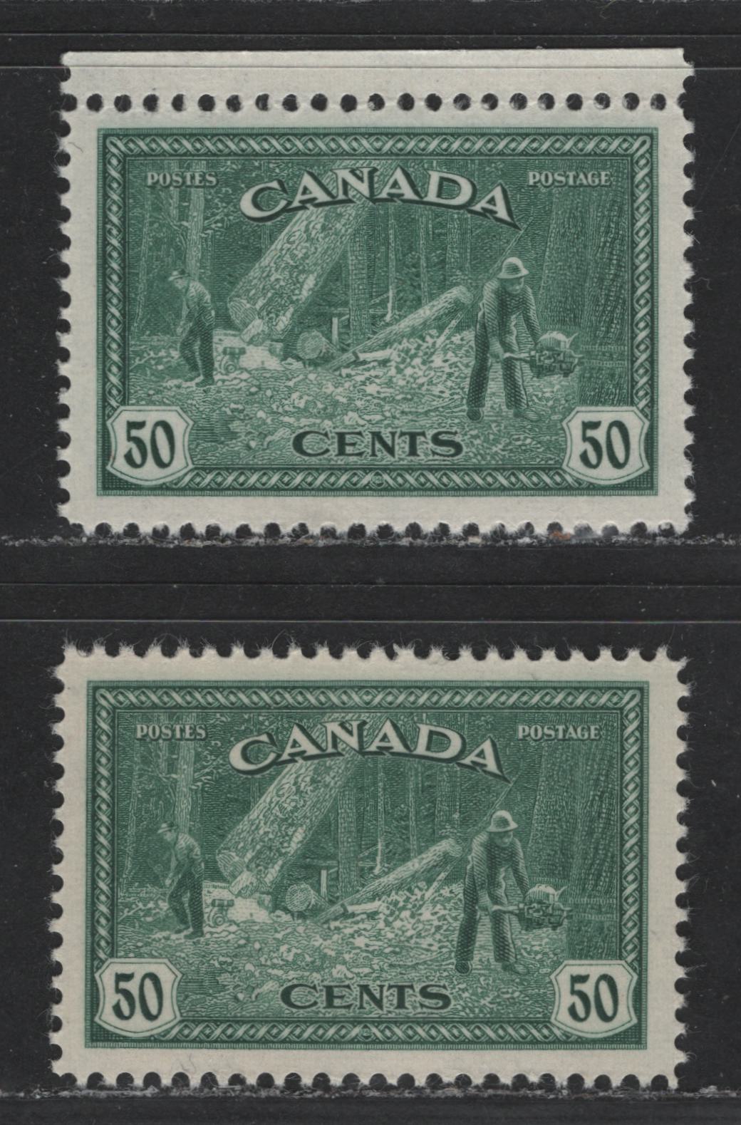 Canada #272 50c Deep Green & Deep Bluish Green Logging, 1946-1951 Peace Issue, 2 VFNH Singles On Horizontal Ribbed Paper With Cream Gum