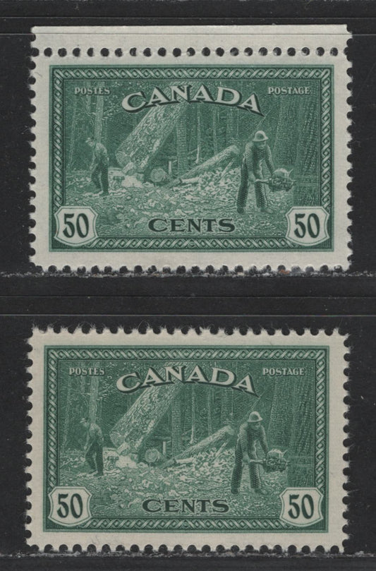 Canada #272 50c Deep Green & Deep Bluish Green Logging, 1946-1951 Peace Issue, 2 VFNH Singles On Horizontal Ribbed Paper With Cream Gum