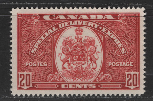 Lot 369 Canada #E8 20c Carmine Coat Of Arms, 1938-1942 Mufti Issue Special Delivery, A VFOG Single With Semi-Gloss Deep Cream Gum