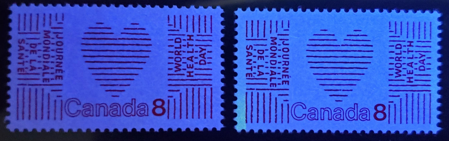Canada #560pvar 8c Red Heart, 1972 U.N. World Health Day Issue, A VFNH Single On MF Paper With Nearly Completely Faded Out OP4 Tag