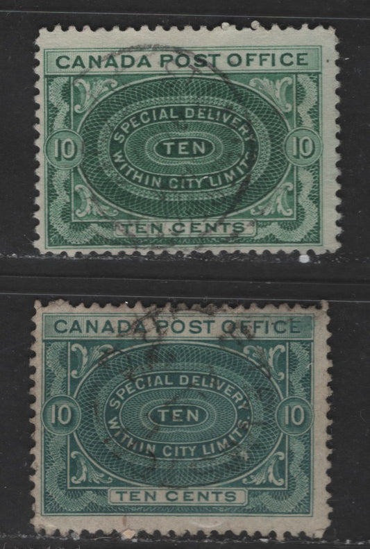 Lot 111 Canada #E1ii, E1iv 10c Green & Deep Blue Green Engine Turned Pattern, 1898-1920 First Special Delivery Issue, 2 Fine Used Singles On Horizontal & Vertical Wove Paper, No Diagonal Shading In Value Tablet On Green Stamp