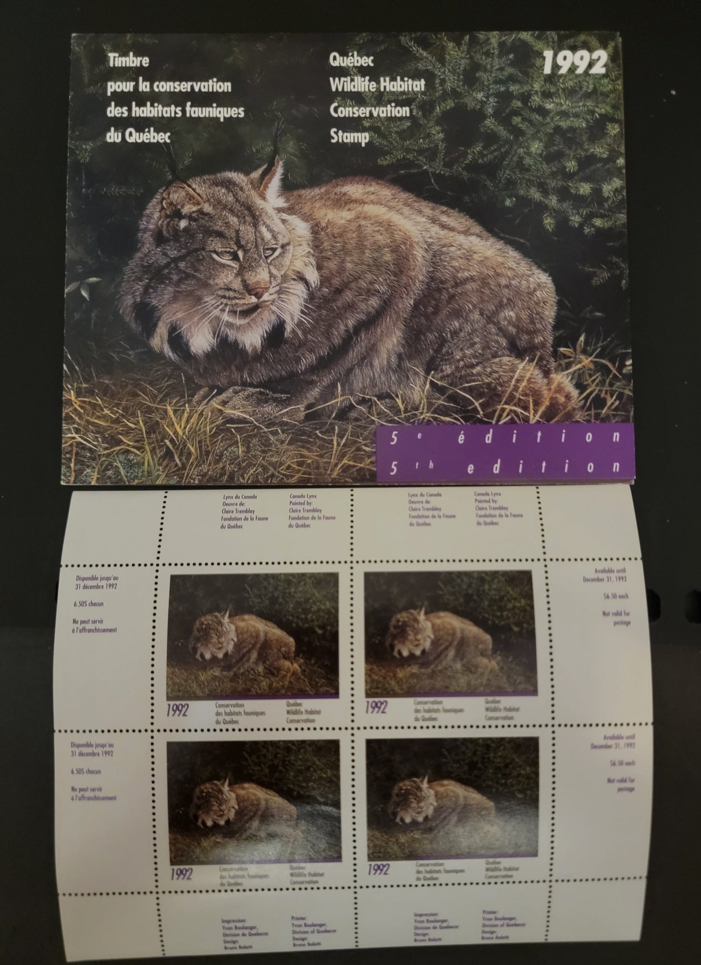 Lot 370 Canada - Province of Quebec #QW5a  Multicoloured Lynx, 1992 Quebec Wildlife Habitat Conservation Issue, A VFNH Miniature Sheet Of 4 On DF Paper