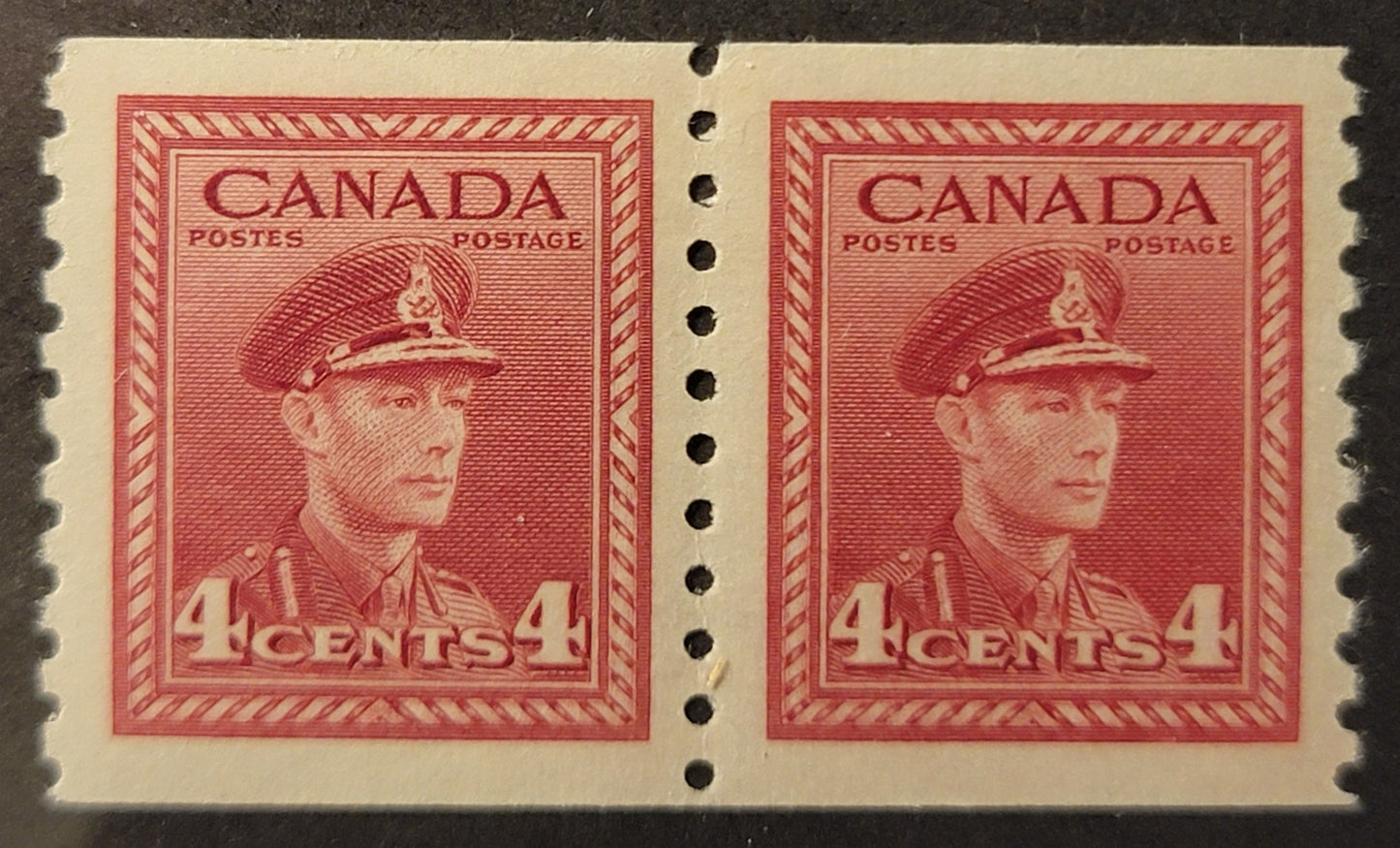 Lot 370 Canada (C) #281 4c Light Carmine Red, 1948 KGVI War Issue Coils, A VFNH Coil Pair, CBN-QQQQQQ Paper, Perf 9.5 Vertical