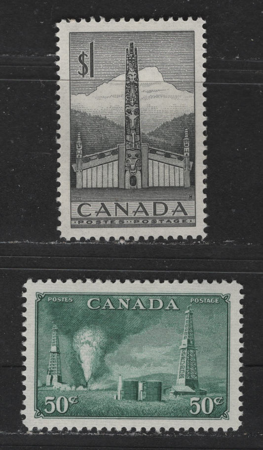 Canada #294, 321 50c, $1 Deep Bluish Green & Grey Black Oil Wells & Totem Pole, 1950-1953 Natural Resources & Karsh Issue, 2 VFOG Singles On Horizontal Ribbed Paper