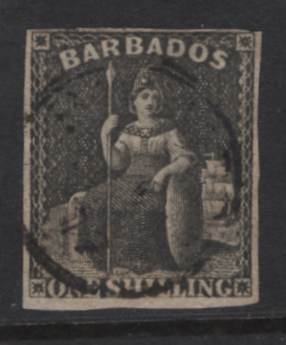 Lot 372 Barbados (C)  SG#54 1/- Black Britannia, 1872 Britannia Issue, A Fine Used Imperf Single, Small Star Wmk, Margins Clear All Around, But Close.