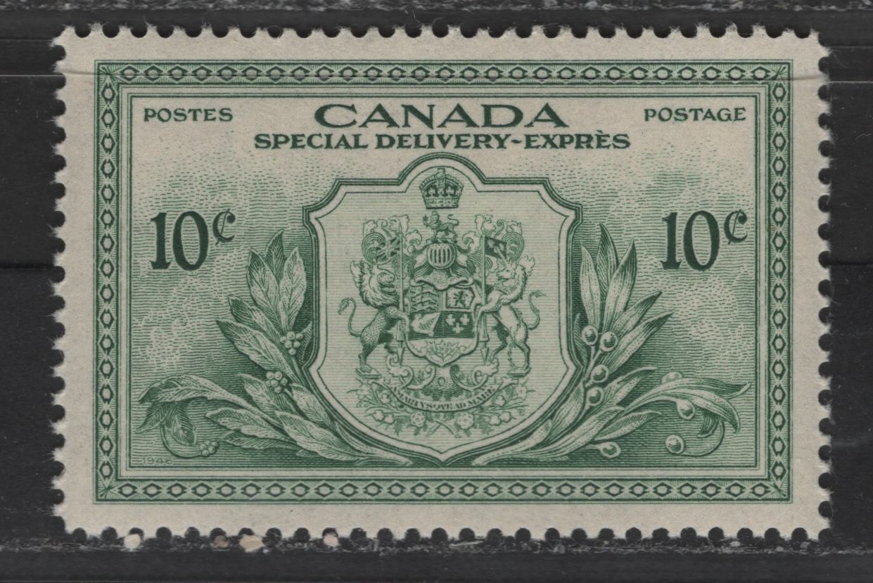 Canada #E11 10c Dull Green Coat Of Arms, 1946-1951 Peace Issue Special Delivery, A VFNH Singles On Vertical Wove Paper With Horizontal Mesh & Mottled Stain Cream