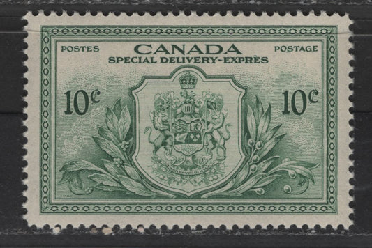 Canada #E11 10c Dull Green Coat Of Arms, 1946-1951 Peace Issue Special Delivery, A VFNH Singles On Vertical Wove Paper With Horizontal Mesh & Mottled Stain Cream