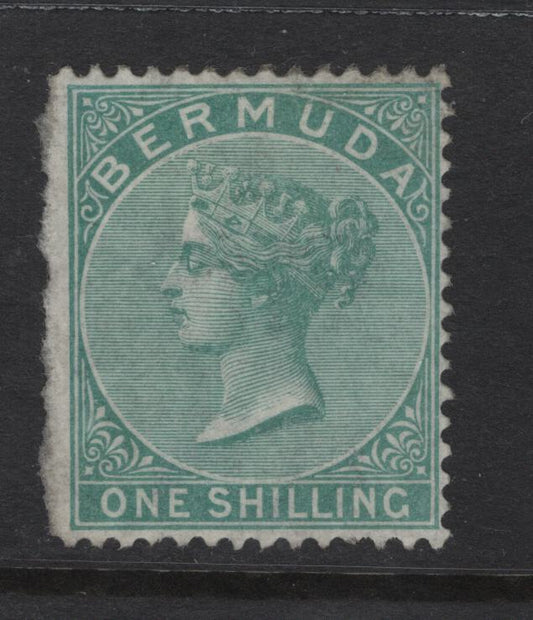 Lot 373 Bermuda (C) SG#8 1/- Green Queen Victoria, 1865-1903 Queen Victoria Keyplate Issue, A Good Unused Single, Crown CC Wmk, Town Wing Margin Example Without Gum