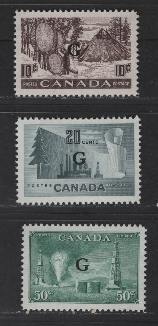 Lot 373 Canada #O24, O26, O30 10c-50c Violet Brown - Dull Bluish Green Drying Skins - Oil Wells, 1950-1952 Natural Resources Issue Officials, 3 VFNH Singles On Horizontal Ribbed Papers