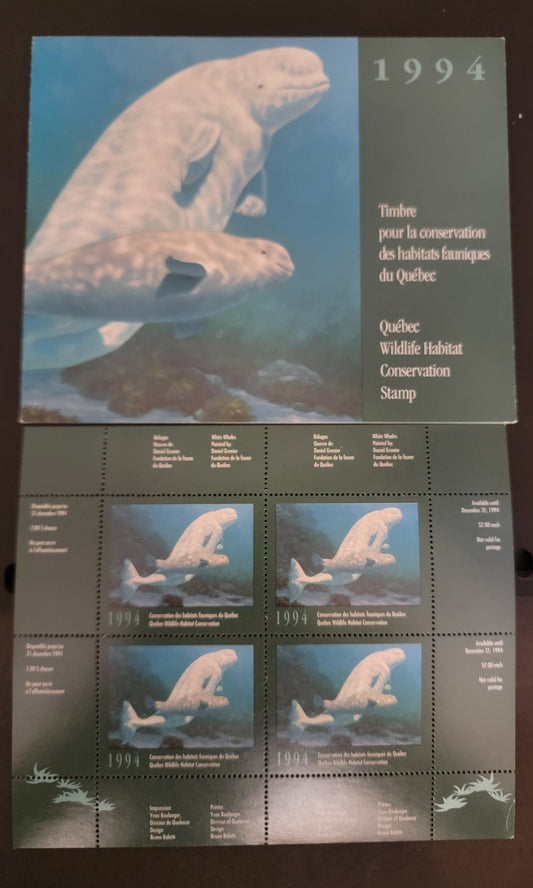 Lot 373 Canada - Province of Quebec #QW7a  Multicoloured Belugas, 1994 Quebec Wildlife Habitat Conservation Issue, A VFNH Miniature Sheet Of 4 On Fluorescent Paper, Very Small Selvedge Wrinkle At LR